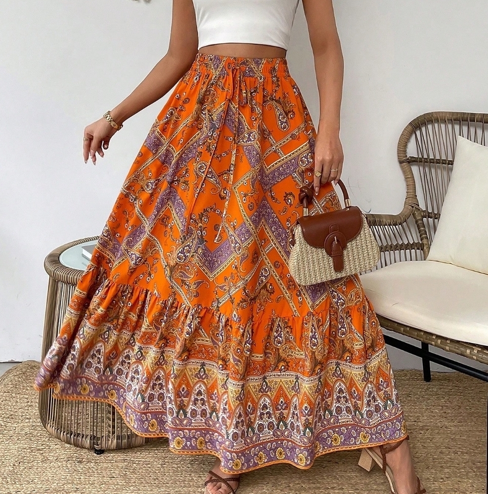 Paisley Floral Printed Skirt With Ruffled Hem - Picture 1 of 4